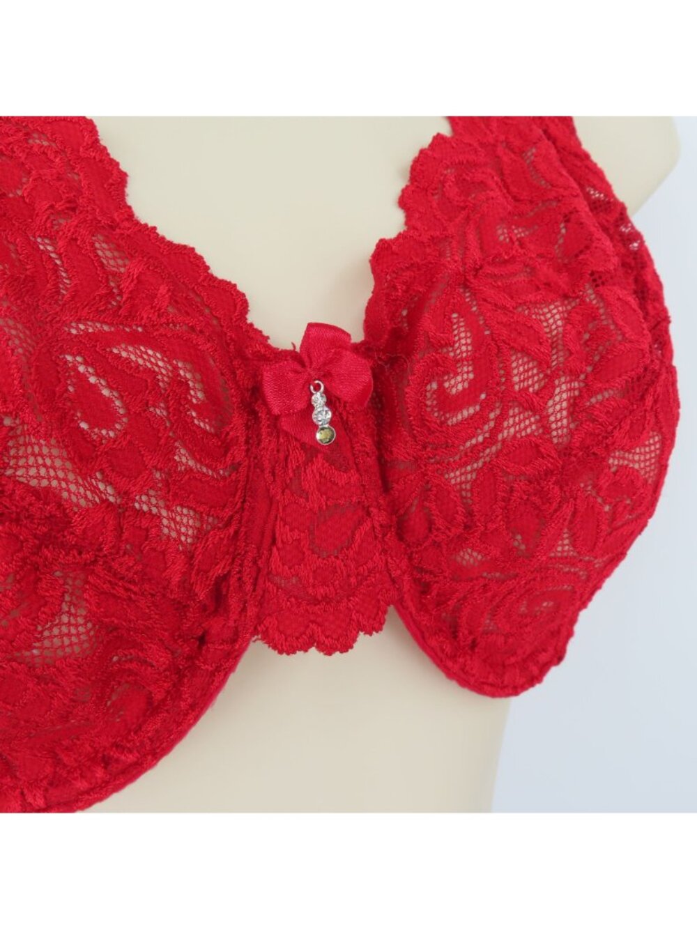 Secret Treasures 38D Bra Rhinestone Sheer Solid Red Lace Mesh Underwire Unlined - Picture 3 of 15